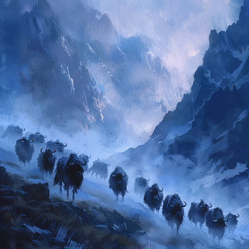 Yak herd in foggy valley at early morning