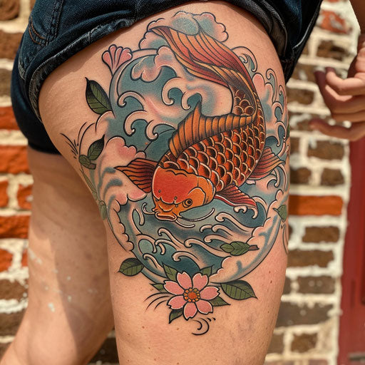 Koi fish tattoo swimming upstream