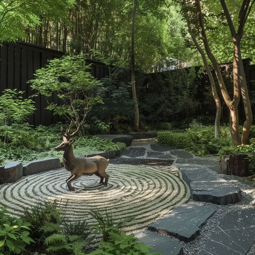 Serene zen garden with elk statue