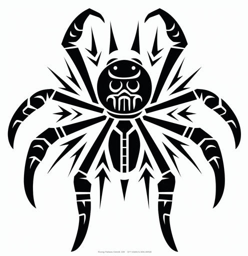 Black and white spider tattoo, prehistoric style, vector art