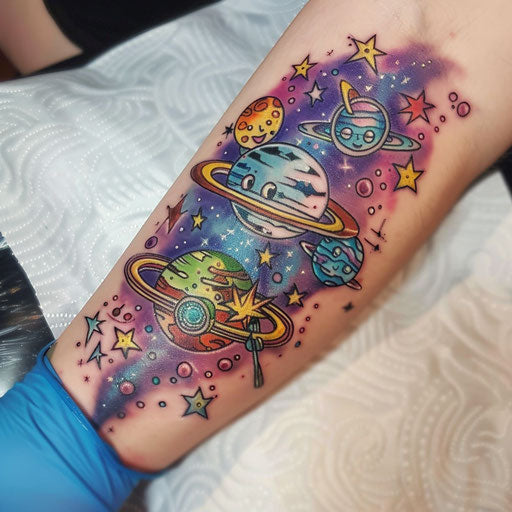 Cartoonish galaxy tattoo design, playful and colorful