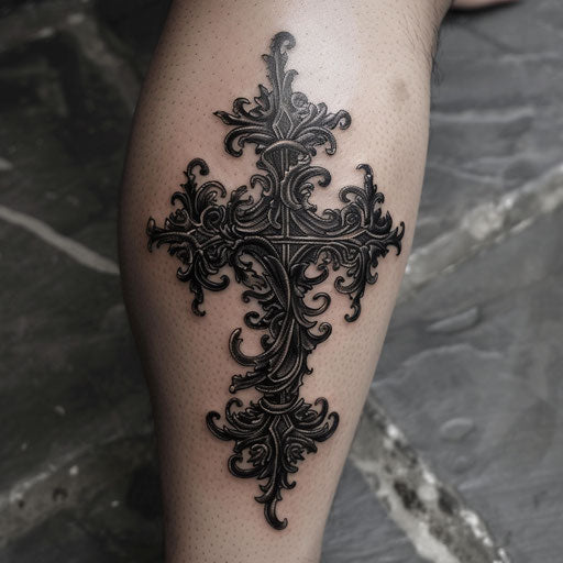 Dark and gothic cross tattoo with intricate details