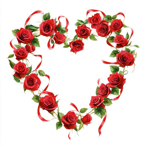 Heart-shaped wreath of red roses on white background