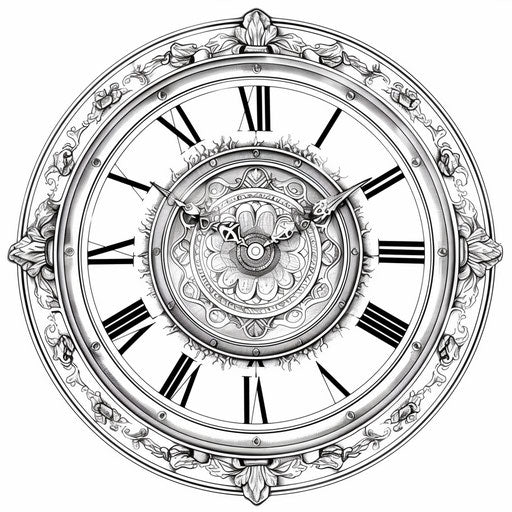 A whimsical circular clock face with fantastical numbers and hands. Coloring book page