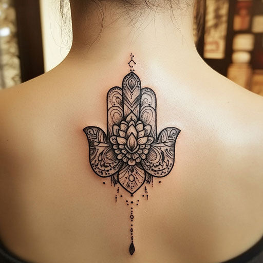 Hamsa hand tattoo with minimalist line art in dark ink