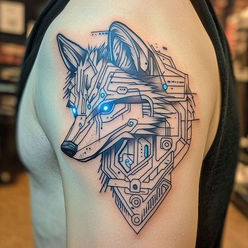 Tribal wolf tattoo in the style of Guy Aitchison
