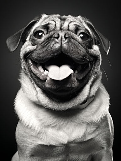 Black and white photo of a pug and happy face