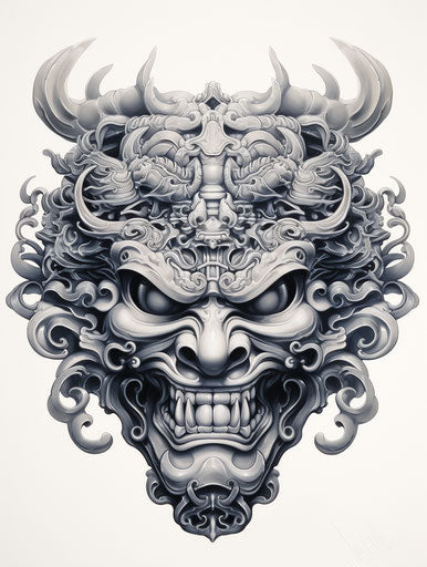 Japanese samurai mask hand drawing image, in the style of Todd Schorr