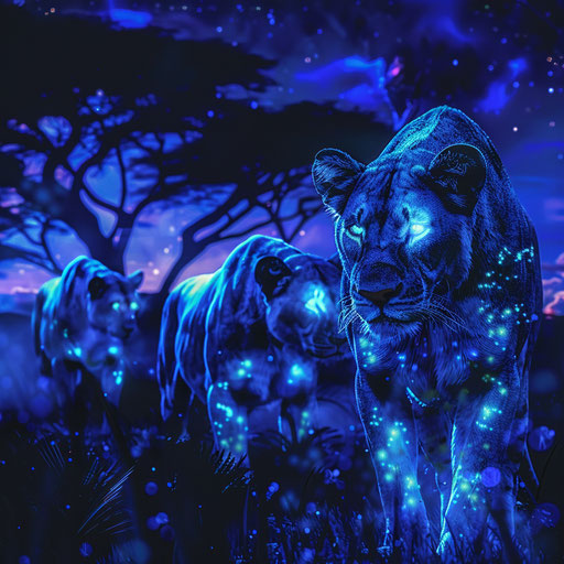 Bioluminescent lions in the night