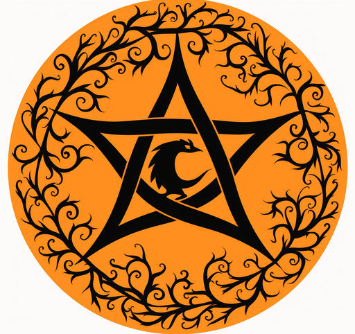 Black pentacle symbol with orange star, punk style