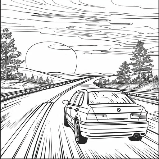 Car on highway, sunset scenery: coloring book