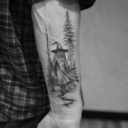 Epic fantasy tattoos with wizards and enchanted forests