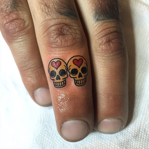 Small finger tattoos in the style of Ed Hardy featuring small skulls and hearts