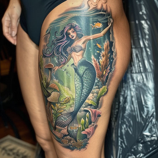 Underwater mermaid tattoo scene