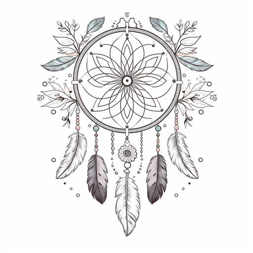 Dream catcher with feathers on white background, blackwork style, mottled, expansive
