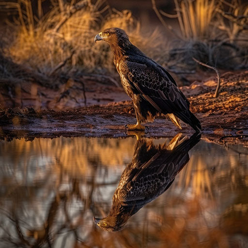 Reflection of the eagle in the still water of a remote outback watering hole during the golden hour