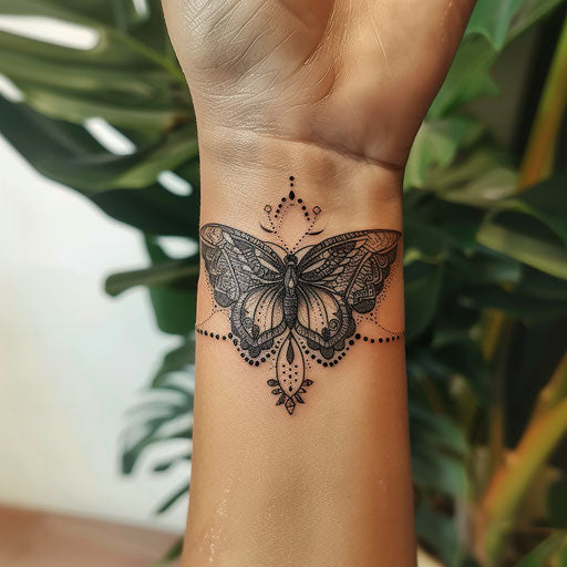Spiritual tattoos of a butterfly with mandalas on the wrist