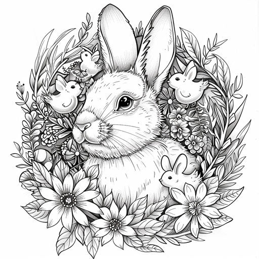 A joyful Easter bunny surrounded by a circle of flowers and happy chicks