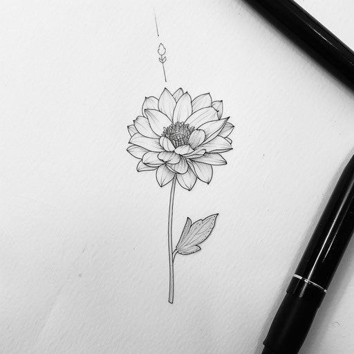 Minimalist black and white tattoo sketch of an aster flower with fine line details