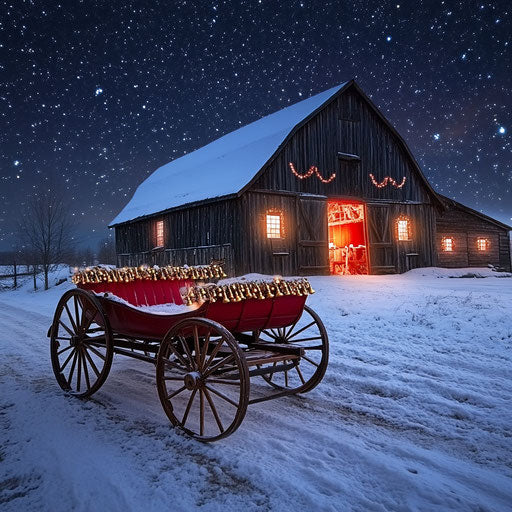 Vintage sleigh under starry sky in front of old barn
