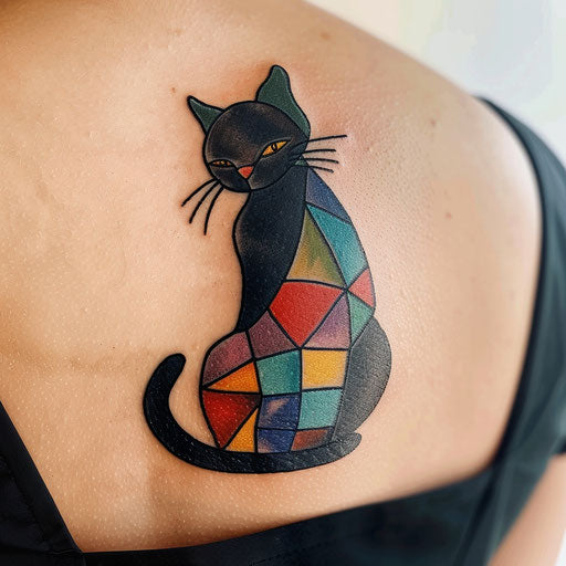 Black cat tattoo styled stained glass on white