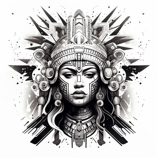 Black and white drawing of Aztec head dress