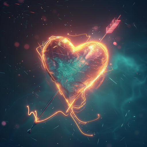 Cupid's arrow piercing a heart, surrounded by a soft glow