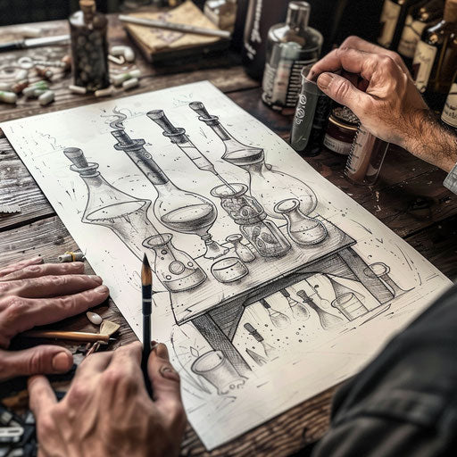 Alchemist's lab with beakers and magical substances