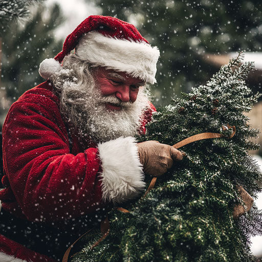Santa Claus tying a fresh-cut Christmas tree to sleigh