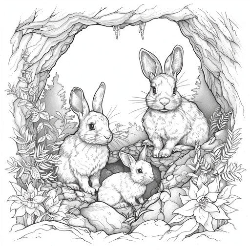 Rabbit family in a burrow, surrounded by nature