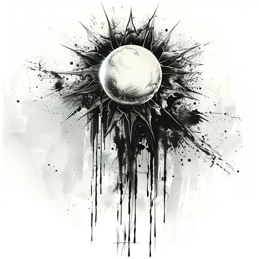 Grunge-style tattoo sketch of a rising sun with rough edges and splattered ink effects