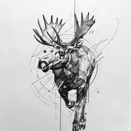 Dynamic flat tattoo sketch of a moose in mid-stride with abstract geometric elements