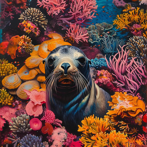 Sea lion surrounded by vibrant coral, colorful and vivid