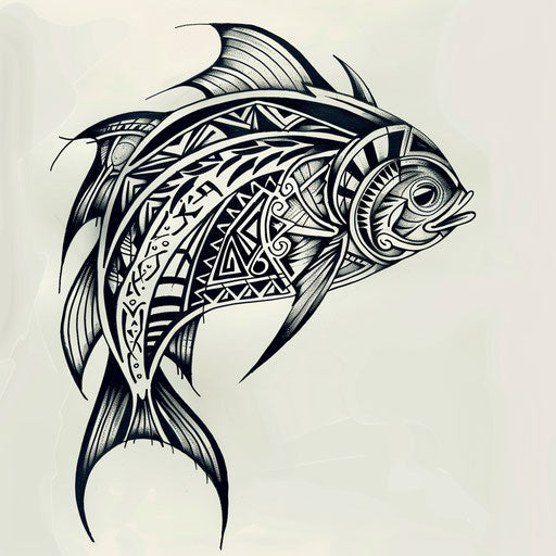 Drawing of a Polynesian fish tattoo, with authentic patterns and symbols representing protection, on a white background.