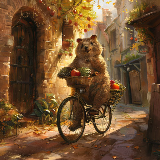A quokka riding a bike in a European village with a basket of fresh produce