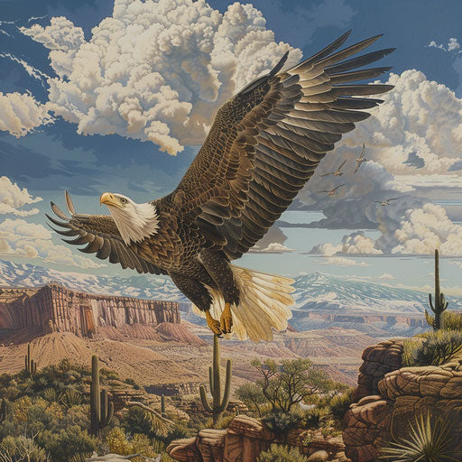 Bald eagle soaring over a desert landscape