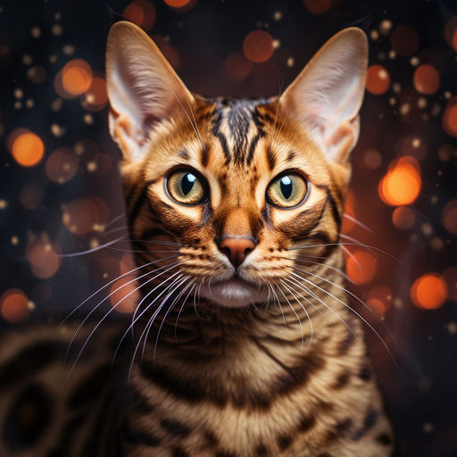 Bengal cat staring at the camera, light orange and light maroon style