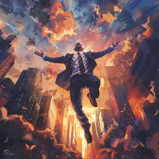 Triumphant businessman overlooking the city