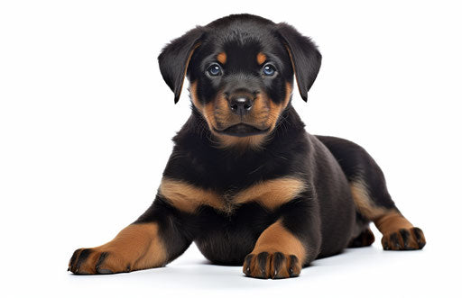 Rottweiler puppy sitting on white background, artistic style