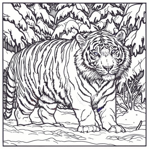 A tiger in a snowy winter forest in the style of Jan Brett, coloring book page