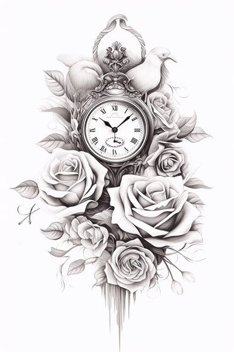 Black and white drawing with clock, rose and feathers