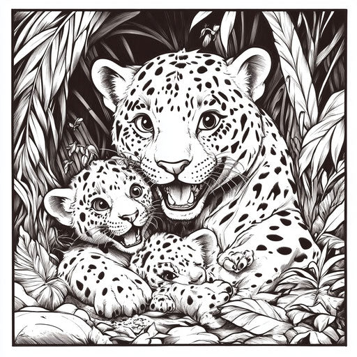 Cartoon jaguar playing with cubs, Mamoru Hosoda style, coloring page