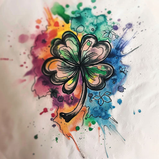 Minimalist tattoo sketch of a black clover with a watercolor splash background in vibrant colors