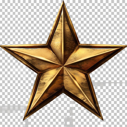 Gold iron star on a transparent background png, in the style of alex prager, white and orange, kinetic energy, manjit bawa, precise, dmitry spiros, hd