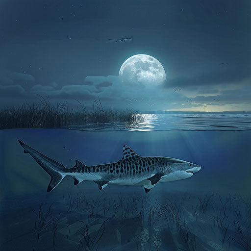 Silent glide tiger shark full moon reflections water