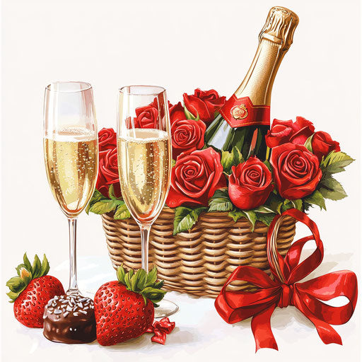 Basket of red roses with champagne and chocolate-covered strawberries
