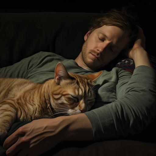 Manx cat sleeping on a couch with its owner