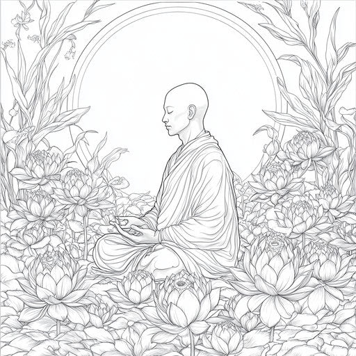 Monk in meditation surrounded by lotus flowers, Jen Bartel style