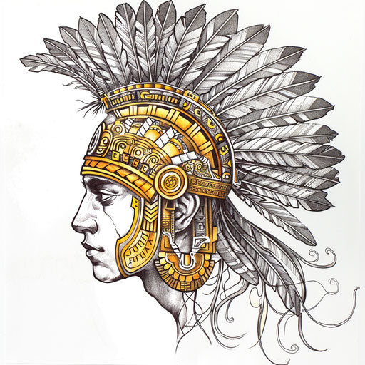 Mayan warrior helmet tattoo design with gold and silver ink on pristine white base