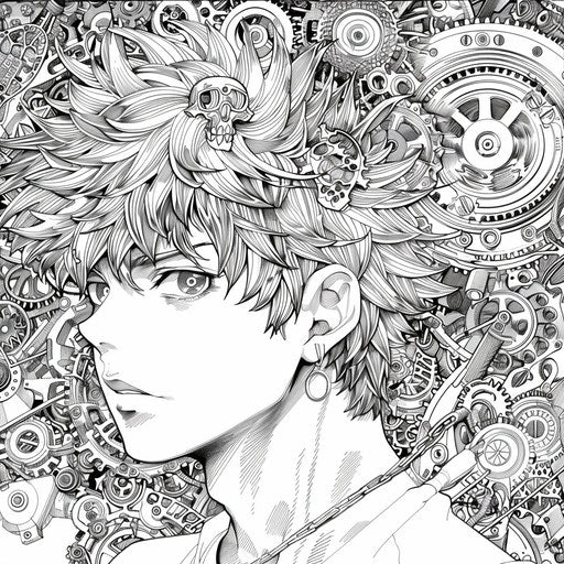 Anime hero surrounded by intricate gears, Mark Schultz style